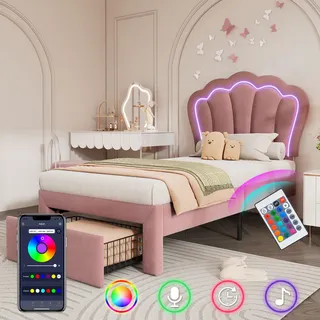 Flieks Polsterbett 90x200cm mit Schublade, Jugendbettt Kinderbett mit LED, Einzelbett Stauraumbett mit Lattenrost & Blumenförmigem Kopfteil Samt Rosa - Rosa