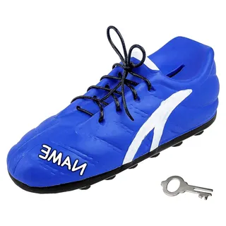 3-D Effekt Spardose - Fußballschuh - BLAU - inkl. Name - mit echten Schnürsenkeln - stabile Sparbüchse aus Porzellan/Keramik