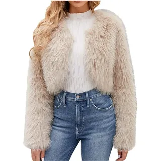 Damen Kurz Kunstpelze Jacke Kunstfell Mantel Kuschelig Fellmantel Dicke Warme Winterjacke Winter Pelzjacke Langarm Wintermantel, Damen , Aprikosenfarbe, M