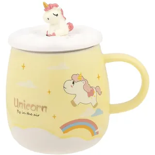 lachineuse - Einhorn-Tasse – Porzellan – Deckel & Löffel Einhorn 3D – 500 ml – Frühstück & Pause – Kaffee, Tee, heiße Schokolade – Geschenkidee Asien, China, Japan – Farbe Gelb