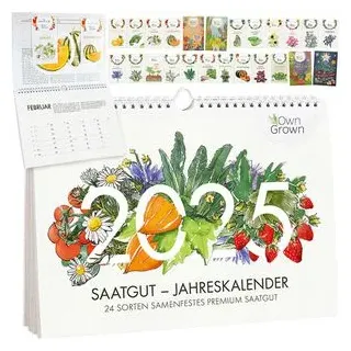 OwnGrown Saatgut Kalender 2025 Wandkalender A4: Garten Wandkalender 2025 – Monatskalender mit 24 Sorten Samen, Kräuter, Obst, Blumen – OwnGrown Jahreskalender 2025