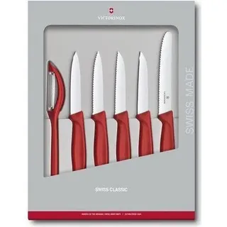 Victorinox Swiss Classic, Küchenmesser Set, 6teilig, Gemüse-, Tomaten- und Frühstücksmesser und Schäler, Robuster Kunststoffgriff, Rostfreier Stahl, Rot