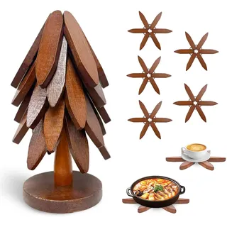 Untersetzer Holz Set für Heiße Gerichte Faltbare Baum Holzuntersetzer Weihnachtsbaum Topfuntersetzer für heiße Töpfe und Geschirr Heiße Getränke Teekanne Küchen und Tischdekoration 5 Stück Baumsetzer