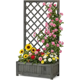 Hochbeet mit Rankgitter aus Holz, Pflanzkasten mit Rankhilfe für Kletterpflanzen, Vertikales Gartenbeet für Blumen, Gemüse & Kräuter, Blumenkasten für Balkon, Terrasse & Garten, Höhe 120cm