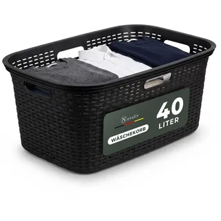 Novaliv Rattan Wäschekorb mit 4 Griffen 40L Schwarz, Wäschebox Set Wäscheeimer Wäschebehälter für Bad Wäsche Schmutzwäsche, Wäschekörbe Organizer Haushalt Zubehör Wäschetonne Sammler