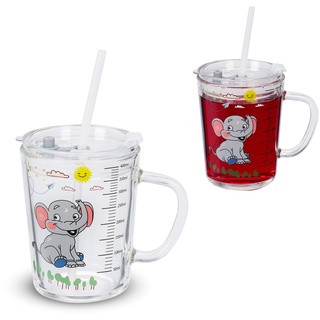 Relaxdays Kindergläser 2er Set, Elefanten-Motiv, Trinkglas Kinder, mit Henkel, Deckel & Strohhalm, 400 ml, transparent