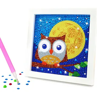 Diamond Painting Kinder Set, 5D DIY Cartoon Diamant Painting Bilder, 15x15cm Leinwand und mit 18x18cm Bilderrahmen für Kinder und Erwachsene geeignet, Eule