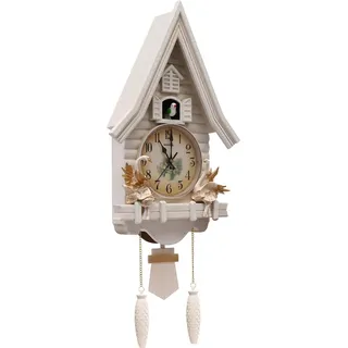 Kuckucksuhr - Wanduhr - Antik-Stil - Batteriebetrieben - Analog - Schlag 6–21 Uhr - 32,5×11×69 cm - 2×C + 2×AA - Weiß