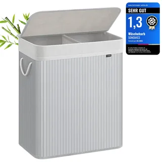 Songmics Wäschekorb 2 Fächer, 100 L Wäschesammler mit Deckel, Wäschebox Bambus, mit Griffen, faltbar, Wäschesack herausnehmbar maschinenwaschbar, Waschküche, grau LCB064G01