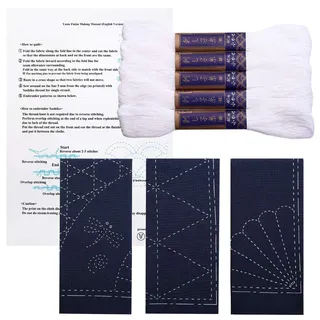 Sashiko Kit, Yokota Sashiko Garn und Vorlage Yume Fukin mit original englischem Handbuch, Stoff, japanisches Textil (weißer Faden/marineblaues Geschirrtuch 2)