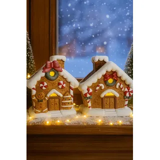 khevga Weihnachtsdekoration Lebkuchenhaus aus Terracotta - LED Timer im 2er Set