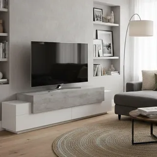 Dmora - TV-Schrank Teo, niedriges Wohnzimmer-Sideboard, Fernsehständer-Basis, 100 % Made in Italy, 200 x 45 x 52 cm, glänzendes Weiß und Zement,