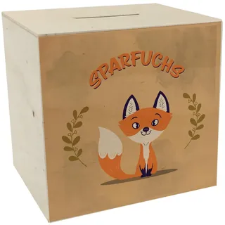 Spardose aus Holz mit süßem Fuchs Motiv und Spruch - Sparfuchs als niedliche Geschenkidee zur Einschulung für Kinder oder für Eltern die auf ausgefallene Dekoration Stehen
