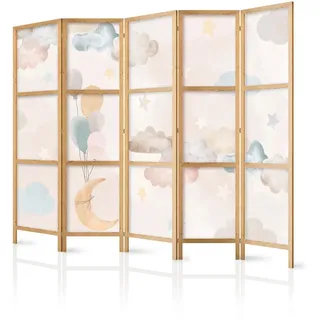 Muralo Paravent Japanischer 5-tlg 225x172 cm Bunte Wolken Und Sterne , Multicolor , Holz, Textil , Pinie , Märchen/ Fantasie , Rechteckig , 225x172x3 cm , Wohnzimmer, Raumteiler, Paravents