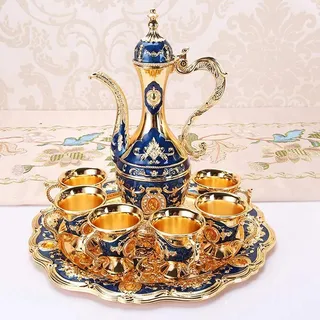 MOUMOUTEN Flachmann Set Russischen Stil 6 Tassen 1 Topf 1 Teller | Metall Wein Trinkbecher Flachmann Set Metall Wein Trinkbecher(Blau)