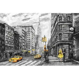 Leinwandbild QUEENCE "New York", gelb (farbe bild(er): gelb), B:60cm H:40cm T:2cm, Canvas, Holzrahmen, Bilder, Leinwandbild, Wanddeko, schwarz, weiß, gezeichnet, Amerika, Premium Leinwandstoff