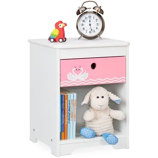 Relaxdays Nachttisch Kinder, Schwan-Design, Schublade & Staufach, Nachtschrank Kinderzimmer, HBT: 41x32x31cm, weiß/rosa