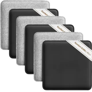 Miqio Design Sitzkissen | Wendekissen Rechteckig aus Filz und Kunstleder | Komfortgröße XL Stuhlkissen 40x40 cm | 6er-Set | Sitzauflage für Bank und Stuhl | Hellgrau-Schwarz