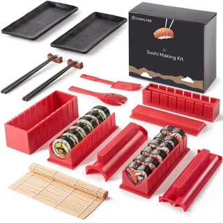 Virklyee Sushi Making Kit 17 Stück Sushi-Set Sushi Form Set Mehrere Formen DIY Sushi Selbst Machen Set, Sushi-Matten, Sushi-Teller,Essstäbchen (Rot)