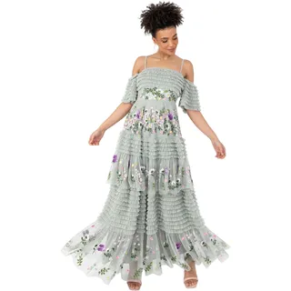 Maya Deluxe Damen Women's Ladies Maxi Off-the-shoulder Bardot Spaghetti Strap Floral Embroidered Tiered Ruffle Tulle Wedding Guest Dress, Green Lily, 42 EU