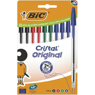 BIC Cristal Original Kugelschreiber mit mittlerer Spitze (1,00 mm), passenden Kappen und Endstücken – verschiedene Tintenfarben, Kartonschachtel à 10