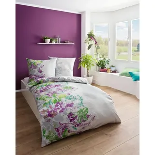 Kaeppel Mako Satin Bettwäsche Blumen Violett Koralle Key West 155x220 cm Violett - Violett