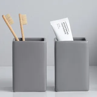 Grau Zahnputzbecher Keramik Set, Quadratisch Zahnbürstenhalter für Elektrische Zahnbürste Zahnbürste und Zahnpasta, Kinder Toothbrush Holder, Zahnbürsten Badezimmer Organizer grau
