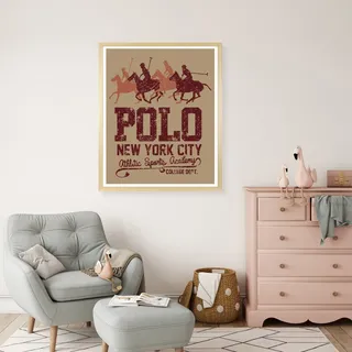 Queence Bild mit Rahmen »Vintage Polo Club New York« Amerika Pferde Reitbilder Schriftzug HD Premium Poster-Druck inkl. Echtholzrahmen in beige,
