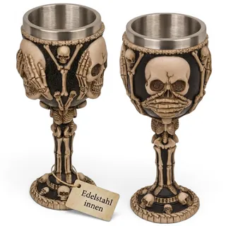 MIJOMA 3D-Totenkopf Weinglas Becher – Schädelbecher aus Kunststein und Edelstahl, mittelalterlicher Wikinger Krug, 300ml Fassungsvermögen (sieh nicht, hör nicht, sprich nicht)