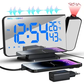 TAKRINK Wecker Digital Radiowecker mit 4 Stufen Bildschirmhelligkeit Projektionswecker mit Temperatur Wecker mit Projektion Dual-Alarm Type-C Ladegerät 180° Projektor Projektion 12/24H