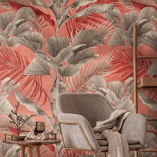 A.S. Création Livingwalls Travel Styles Vliestapete - Tapete mit Blattranken in Rosa und Rot - tropische Wandtapete für verschiedene Räume in 1,59 m x 2,80 m