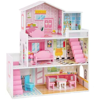 Costway Holzpuppenhaus Puppenstube rosa