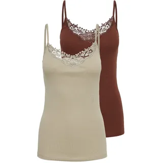 Spitzentop ONLY "ONLKIRA – Doppelpack mit Spitzendetail für feminine Looks", Damen, Gr. XS (34), henna pack:henna, humus, Jersey, Obermaterial: 100% Baumwolle, unifarben, figurbetont normal, V-Ausschnitt, Tops Spitzentop, figurbetont, modisch, Jersey, Baumwolle, V-Ausschnitt