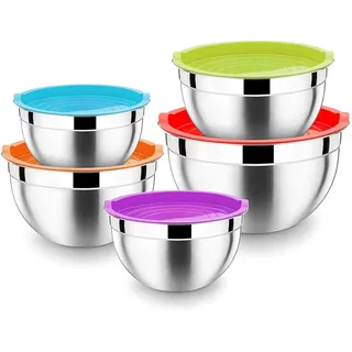 HaWare Rührschüssel 5er Set, 100% Edelstahl Salatschüssel Schüssel Set mit Luftdichtem Deckel – 4.5L / 2.7L / 1.5L/ 1.2L/ 0.7L, ideal zum Kochen/Backen/Aufbewahrung, Stapelbar & Spülmaschinenfest