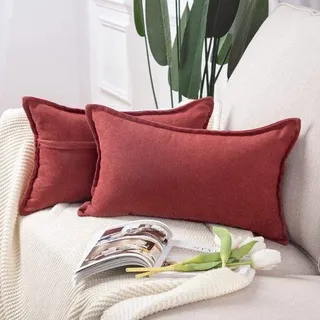 Bordeauxrode 2er Set korte chenille sierkussenhoezen 40x60 cm rechthoekig zachte sierkussenhoes - bordeaux
