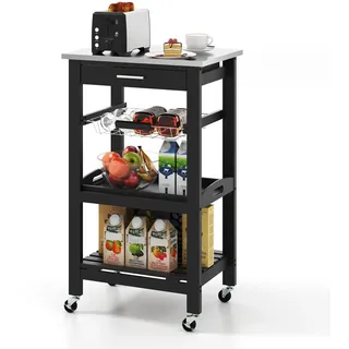 Fantask Servierwagen, 47 x 39 x 85 cm, Küchenregal Schmal mit Schublade & Korb, Küchenwagen mit Arbeitsplatte aus Edelstahl, Kleiner Trolley für Küche (Schwarz)
