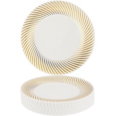 MATANA 20 Weiße Dessertteller aus Kunststoff mit Goldrand für Hochzeiten, Geburtstage, Weihnachten & Partys, 18cm - Mehrweg & Stabil
