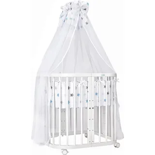 Waldin Babybett Kinderbett 7in1 mit Matratze, mitwachsendes Kinder-Bett,Stoffe Sterne blau,Holz weiß - Blau