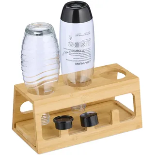 Relaxdays Flaschenhalter kompatibel mit Sodastream-Flaschen, Bambus, mit Abtropfschale, 3er Flaschenständer, natur