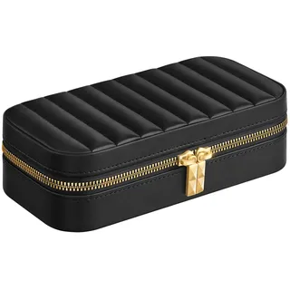 SONGMICS HOME ANAH Kollektion - Schmuckkästchen Reise, Schmuckbox klein, Schmuckaufbewahrung mit Spiegel, 10,5 x 20,5 x 6 cm, PU mit Nähten, Reißverschluss, Geschenkidee, tintenschwarz JBC180B01