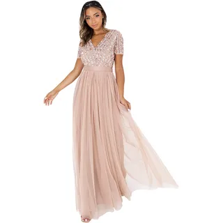 Maya Deluxe Damen Maxi Abendkleid Elegant Hochzeit V-ausschnitt Brautjungfernkleid Empiretaillierung Abschlussball Bridesmaid Dress, Taupe Blush, 36 EU