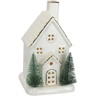 Flair Flower LED Porzellan Weihnachtshaus batteriebetrieben weiß Gold 20cm Tannenbaum Weihnachtsdeko beleuchtet Christmas Village Haus Winterdeko Keramik Miniatur Häuschen Tischdeko Advent