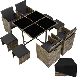 tectake Rattan-Sitzgruppe Bilbao 4+4+1 inkl. Schutzhülle,Natur, 4 Sessel 53x53x87 cm, Tisch 110x110x73 cm,Abnehmbare Bezüge,Wasserabweisend , Naturfarben , Kunststoff , Rechteckig , Gartenmöbel, Gartengarnituren, Gartenmöbel-Sets
