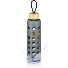 Relaxdays Glasflasche, 550 ml Trinkflasche, Bambusdeckel & Hülle, auslaufsicher, Wasserflasche to go, transparent/grau