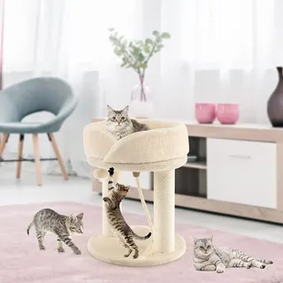 COSTWAY 4in1 Kratzbaum Klein 50,5cm, Katzenbaum mit weicher Sitzfläche, Basis, Fellknäuel & Sisalseil, Katzenkratzbaum Holz, Kletterbaum, Katzen Katzenmöbel, Beige - Beige