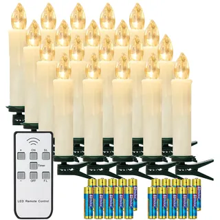 yunsheng 20er Weihnachtsbaumkerzen mit Fernbedienung und Timer, Warmweiß Christbaumkerzen Kabellos, Batteriebetriebene Flammenlose Flackern Weihnachtsbaum Lichterkette, IP64, (Enthält 20 AA-Batterien)
