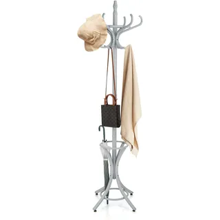 COSTWAY 184cm Garderobenständer mit Schirmhalter, Jackenständer mit 12 Kleiderhaken, Kleiderständer aus Holz, Garderobe Standgarderobe für Flur, Wohnzimmer und Schlafzimmer (Grau)