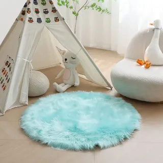 HARESLE Runder Kunstfell Teppich, Super Flauschiger und Weicher Kleiner Teppich, Teppich Rund für Schlafzimmer, Wohnzimmer, Kinderzimmer, Lounge (Hellblau,50 cm/ 20 Zoll)