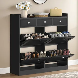 YITAHOME Schuhschrank, Schuhregal Schuhkipper Schmal, Schuhschrank schwarz mit 4 Klappen, Shoe Cabinet Schuhkommode schuhschrank mit Schublade für Eingangsbereich, Flur (schwarz)