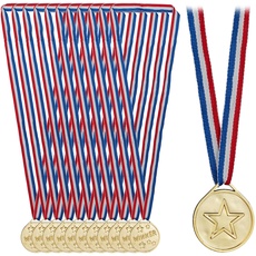 Relaxdays Goldmedaille Kinder, 12er Set, Ø 3,5 cm, Plastik, mit Band, Medaillenset Kindergeburtstag, Auszeichnung, Gold, 3,5cm